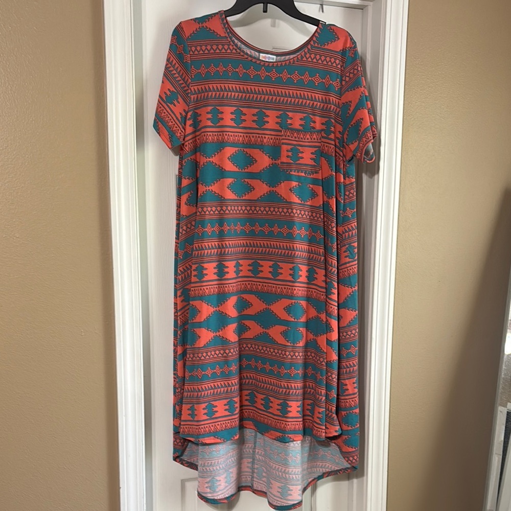 LuLaRoe Carly Tribal Print Dress in Orange and Blue